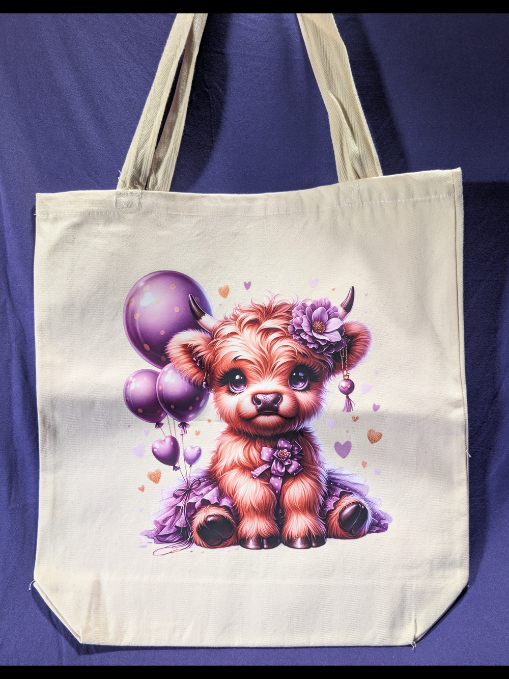 Canvas Tote Bag with Purple Cute Cow Print